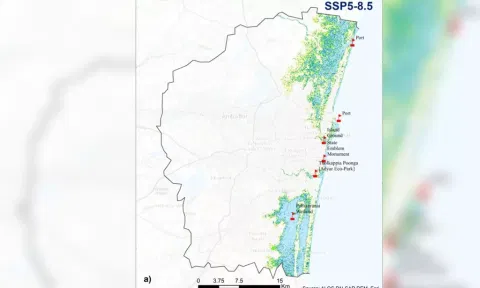 Map of Chennai indicating the sea level rise&nbsp;