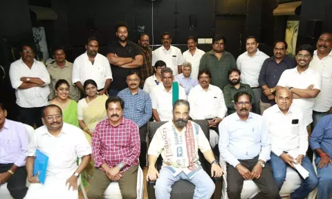 MNM founder president Kamal Haasan posing with party leaders after the executive and governing council meeting in Chennai on Friday 
