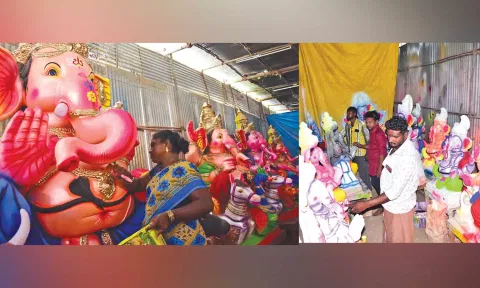 Annapoorani giving finishing touches to idols she had made; devotees inspecting the idols for purchase