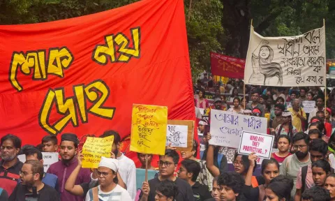 People take part in a protest march over the alleged sexual assault and murder of a postgraduate trainee doctor, in Kolkata (PTI)