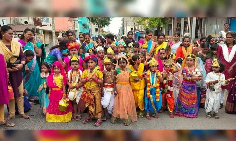 On the occasion of the Krishna Jayanti festival, children were seen dressed up as Lord Krishna and Radha