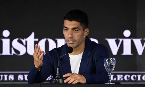 Luis Suarez interacts with the media ahead of World Cup qualifier in Uruguay