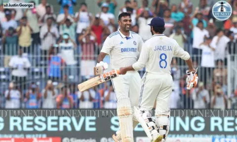 Ashwin celebrating after his century at the IND vs BAN at Chennai (Photo: Justin George)