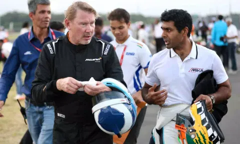 &nbsp;Mika Hakkinen along with Karun Chandhok at the M.I.K.A track on Thursday (Photo credit: Manivasagan N)