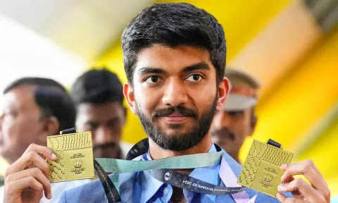 &nbsp;Chess Grandmaster D Gukesh being welcomed upon his arrival at the Chennai Airport (PTI)
