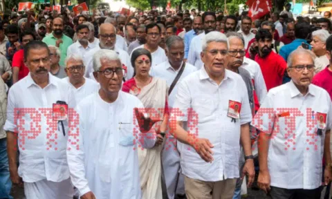 CPI (M) politburo members Prakash Karat, Biman Bose, Brinda Karat, former Tripura chief minister Manik Sarkar and others march during the last journey of late party leader Sitaram Yechury from the party headquarters to the AIIMS hospital (PTI)