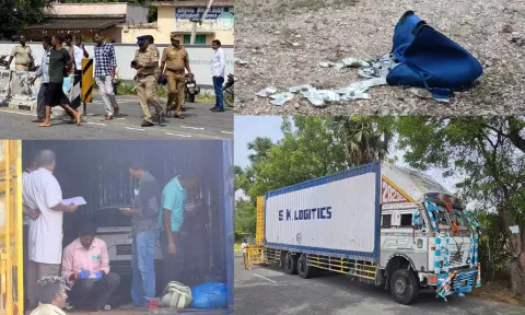 (L-R) An accused caughtCash found strewn around; Police searching container truck; container truck used by thieves;