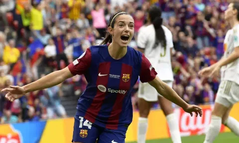 Aitana Bonmati celebrates after scoring the opening goal during the women’s Champions League final soccer match between FC Barcelona and Olympique Lyonnais&nbsp;