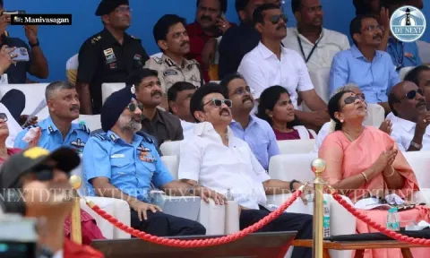 (L to R) Chief of Air Staff, Air Chief Marshal Amar Preet Singh, CM Stalin and Durga Stalin&nbsp;