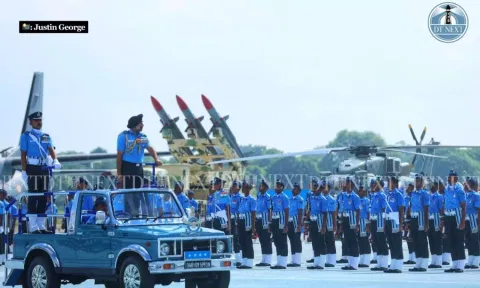 Chief of the Air Staff, Air Chief Marshal Amar Preet Singh, PVSM, AVSM reviews the parade squadrons during the Air Force Parade at Tambaram Air Force station. (Justin George)