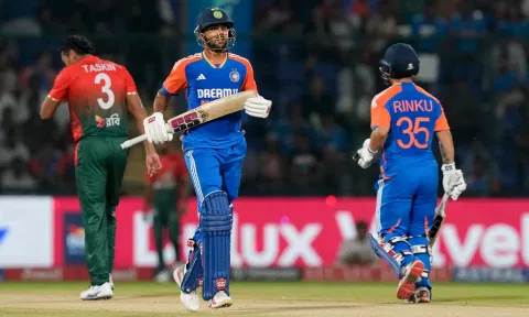 India's Nitish Kumar Reddy and Rinku Singh run between the wickets during the second T20 International cricket match between India and Bangladesh at the Arun Jaitley Stadium (PTI)