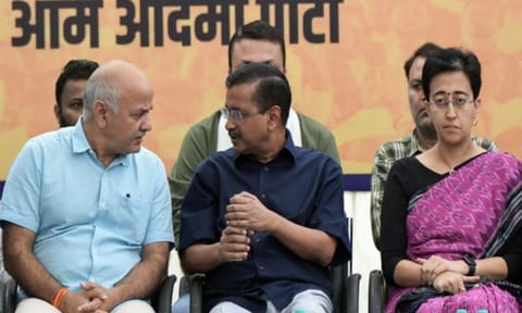 Aam Aadmi Party supremo Arvind Kejriwal with Delhi CM Atishi and leader Manish Sisodia (Photo/ANI)