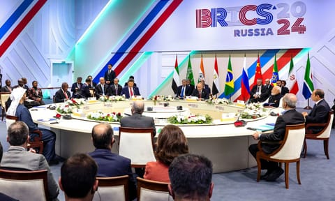 Prime Minister Narendra Modi with Russia's President Vladimir Putin, China's President Xi Jinping and other world leaders during a plenary session of the 16th BRICS Summit (PTI)