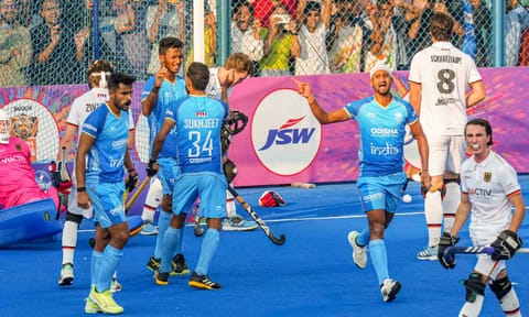 &nbsp;India's Sukhjeet Singh with teammates celebrates after India scored a goal during the second men's hockey match of a two-match series between India and Germany (PTI)