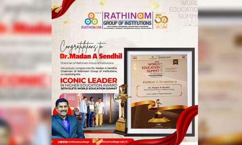Dr. Madan A. Sendhil, Chairman of Rathinam Group, received the coveted Iconic Leader in Higher Education Award in 30th Elets World Education Summit