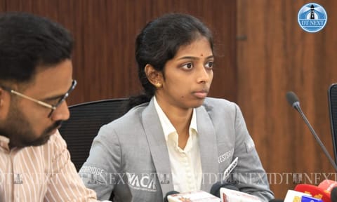 R Vaishali speaking to the media during the Chennai Grand Masters 2024 press event (Photo: Hemanathan.M)&nbsp;