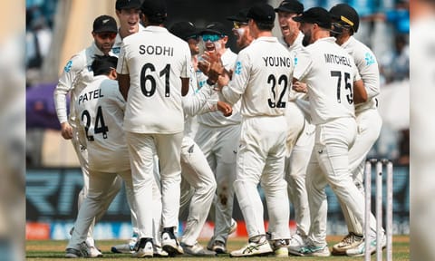 New Zealand's players celebrate the wicket of India's Rishabh Pant in Mumbai (PTI)&nbsp;