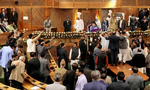 &nbsp;BJP legislators hold a protest after the Assembly passed a resolution on Article 370 restoration by voice vote (PTI)