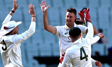 Australia A players celebrate after a wicket&nbsp;