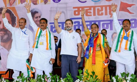 LoP in Lok Sabha and Congress leader Rahul Gandhi during a public meeting ahead of Maharashtra Assembly elections, at Dhamangaon in Amravati district (PTI)&nbsp;