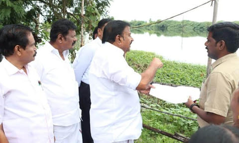 Minister KN Nehru inspecting Chinna Eri clean-up works in Thuraiyur on Saturday&nbsp;