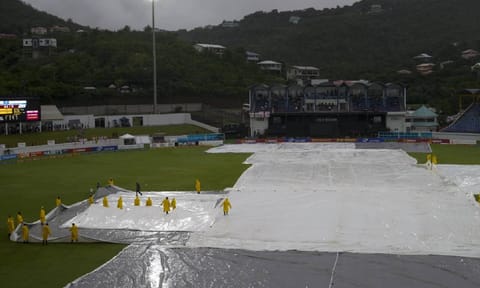 Rain disrupt the game between England and West Indies at Daren Sammy International Stadium (AP)&nbsp;
