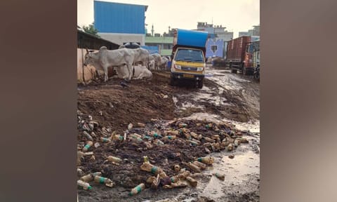 Plastic waste mixed with slush inside the slaughterhouse