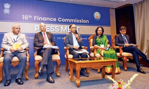 Finance panel head Arvind Panagariya addressing media&nbsp;