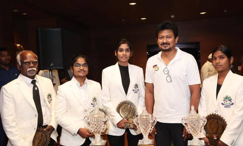 Maria Irudayam, V Mithra, M Khazima, K Nagajothi with Deputy Chief Minister Udhayanidhi Stalin on Thursday

