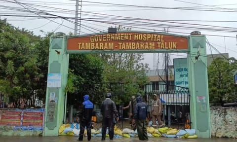 Flooded premises of the Government Thoracic Medicine Hospital in Tambaram Sanatorium on Saturday&nbsp;
