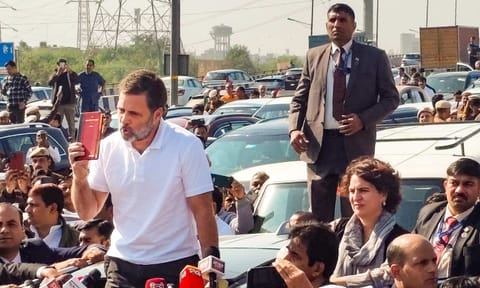 Leader of Opposition in the Lok Sabha Rahul Gandhi speaks to media after he was stopped at the Ghazipur border on his way to visit violence-hit Sambhal, in Ghaziabad (PTI)&nbsp;