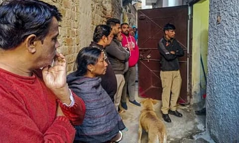 Police personnel and public at Neb Sarai area (PTI)&nbsp;