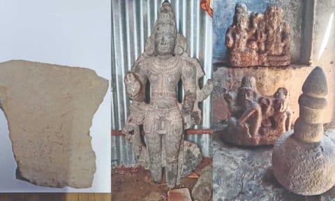 (From L to R) Remains of clay pot, stone idol and a temple Gopura Kalasam