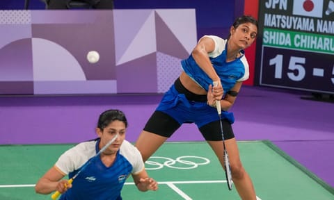 India's Tanisha Crasto celebrates after winning the mixed doubles semi-final match against China's Zhou Zhi Hong and Yang Jia Yi at the Syed Modi India International 2024 badminton tournament, in Lucknow, Saturday, Nov. 30, 2024 (PTI)&nbsp;