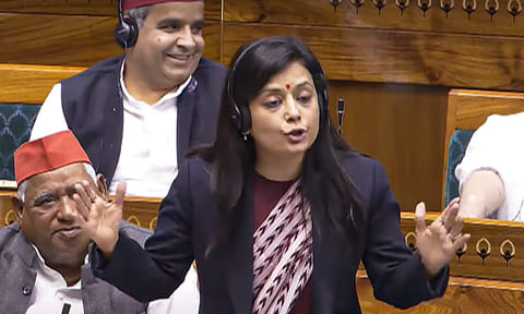 TMC MP Mahua Moitra speaks in the Lok Sabha during the Winter session of Parliament, in New Delhi (PTI)