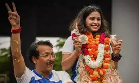 Double Olympic medallist shooter Manu Bhaker and coach Jaspal Rana (PTI)&nbsp;&nbsp;