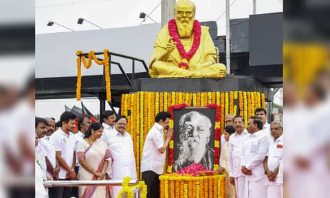 Tamil Nadu CM MK Stalin pays tribute to a portrait of social reformer and leader E V Ramasamy, known as Thanthai Periyar by his followers, on his death anniversary, in Chennai (PTI)&nbsp;