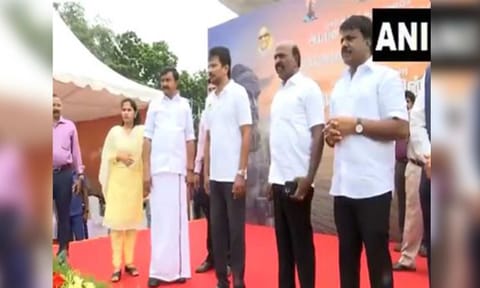TN Deputy CM Udhayanidhi Stalin flags off buses displaying the posters of the Thiruvalluvar statue silver jubilee (ANI)