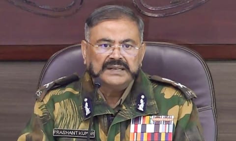 Uttar Pradesh DGP Prashant Kumar during a press conference over the Pilibhit encounter in which three suspected Khalistani terrorists allegedly involved in the grenade attack in Gurdaspur were killed, in Lucknow (PTI)&nbsp;