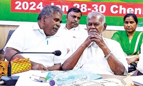 R Nallakannu (R) during a CPI meeting early this year (file photo)&nbsp;
