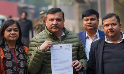 AAP leader Sanjay Singh outside the ED office where he arrived to file a complaint against BJP leaders Parvesh Verma and Manjinder Singh Sirsa for allegedly distributing cash to voters in the New Delhi constituency from where AAP national convener Arvind Kejriwal is the sitting MLA, in New Delhi (PTI)&nbsp;