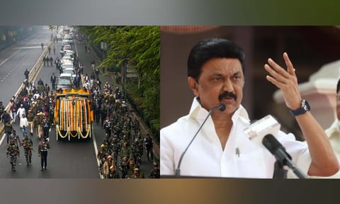 The mortal remains of former prime minister Manmohan Singh being taken to the Nigambodh Ghat for his last rites, at Tilak Marg in New Delhi; Tamil Nadu CM MK Stalin (Photos: PTI)&nbsp;
