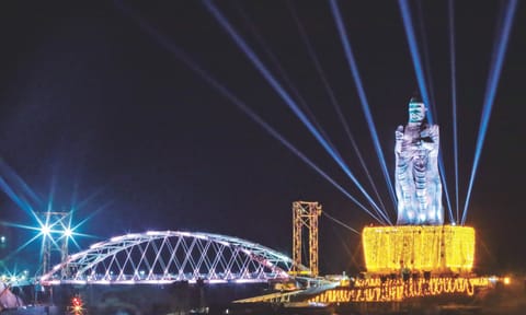 The illuminated under-construction glass bridge connecting Vivekananda rock memorial and Thiruvalluvar statue, in Kanniyakumari&nbsp;