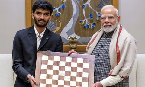 Prime Minister Narendra Modi with World Chess Champion D Gukesh during a meeting, in New Delhi (PTI Photo)
