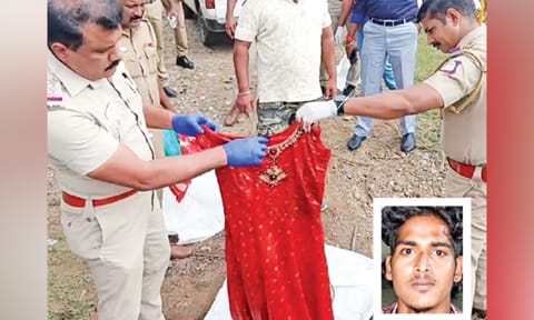 Police checking evidence found at the crime scene; (inset) Surya&nbsp;
