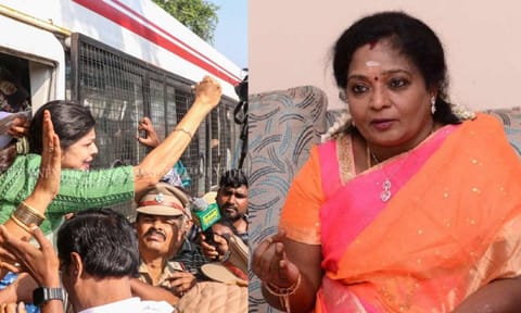 (L-R) Sowmiya Anbumani during the arrest; BJP leader Tamilisai Soundararajan