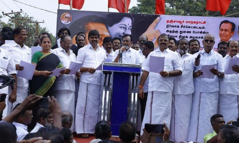 Former AIADMK minister S Semmalai addressing the party members in Thanjavur on Wednesday&nbsp;