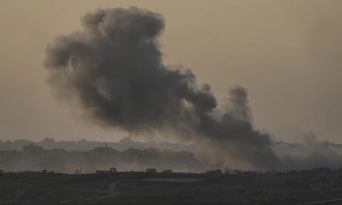 Smoke rises following an Israeli airstrike in the Gaza Strip, as seen from Sderot, southern Israel (AP)&nbsp;