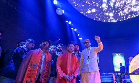Uttar Pradesh Chief minister Yogi Adityanath during inspection of preparations for the Mahakumbh (PTI)