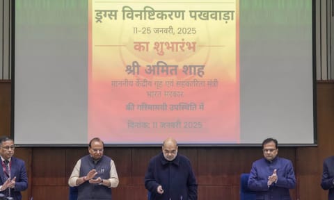Union Home Minister Amit Shah being felicitiated during a regional conference on �Drug Trafficking and National Security in New Delhi (PTI)